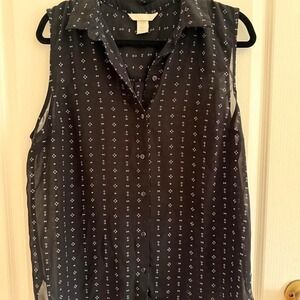HM Womens Sleeveless Sheer Button Up Blouse Navy Blue Micro Pattern Size 12